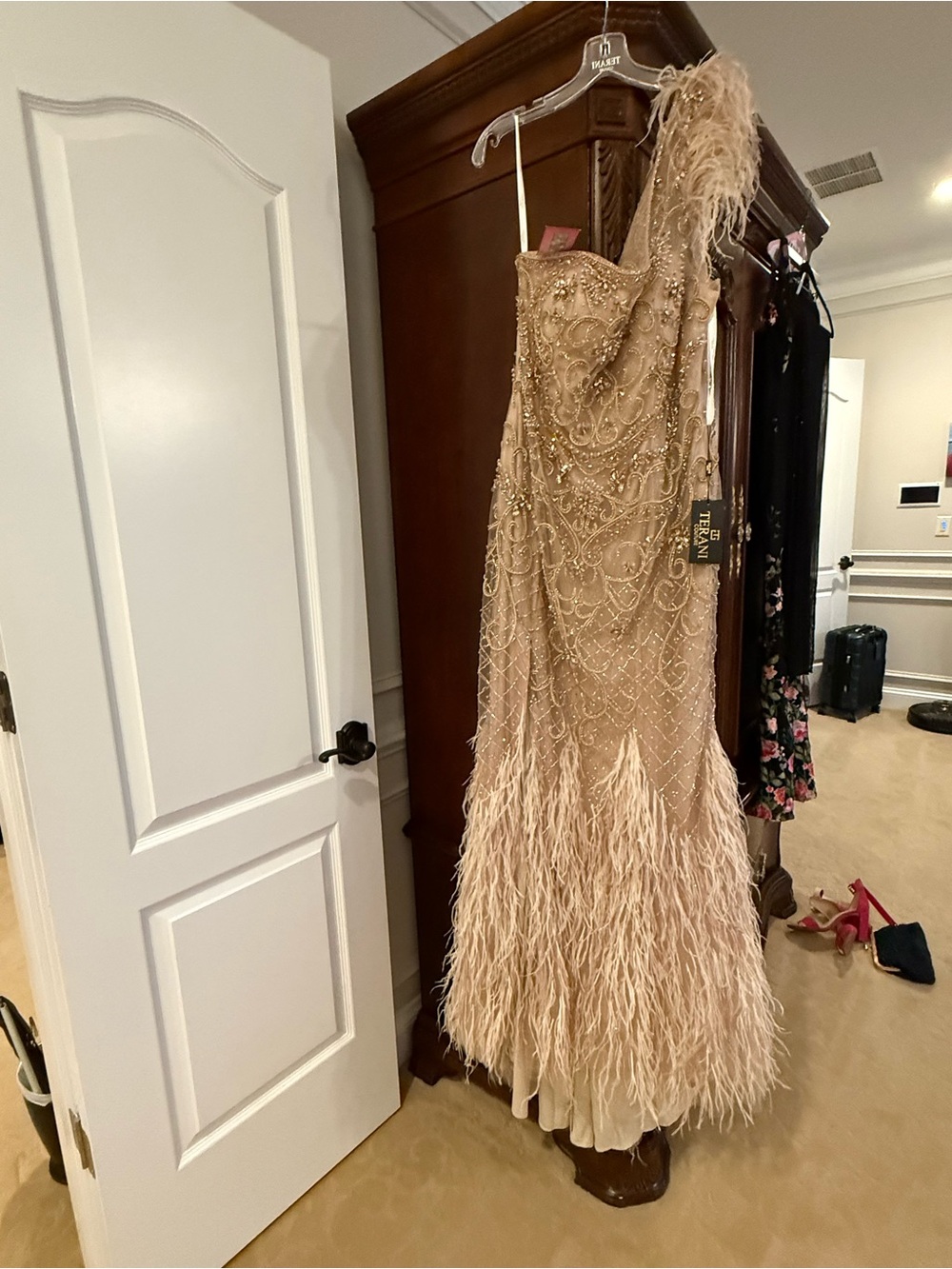 Terani Couture One-Shoulder Beaded Feather Gown - Champagne
